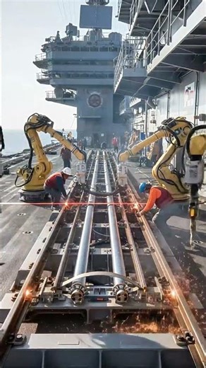 Highly specialized robots welding heavy rails onto a #weldingrobot #shipbuilding #shorts #fyp #tech