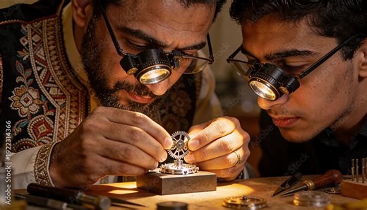 Watchmaker apprentice workshop craftsmanship precision focus with metal gear tool table and warm light connect all delicate watch parts and detailed mechanical art shared concentration tiny detail