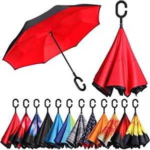 BAGAIL Double Layer Inverted Umbrellas Reverse Folding Umbrella Windproof UV Protection Big Straight Umbrella for Car Rain Outdoor with C-Shaped Handle (red)