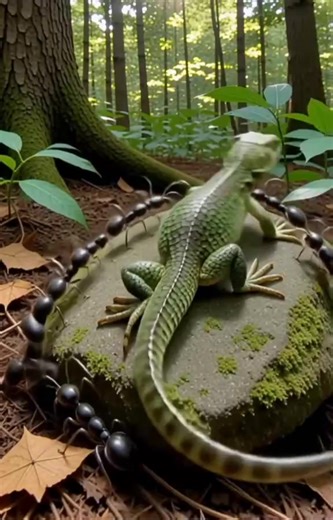 Unbelievable Battle: Ants Take on a Lizard Description: In the heart of nature’s battlefield, an unbelievable clash unfolds—tiny ants face off against a much larger lizard. What starts as a normal day in the wild quickly transforms into a survival showdown, showcasing the power of teamwork, strategy, and persistence. These small but fearless warriors unite, proving that strength isn’t always measured in size but in numbers and determination. Watch as the ants fight with unrelenting courage, push