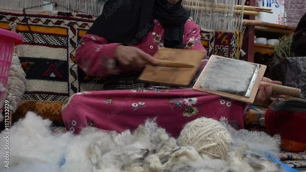 Africa , Morocco,Dades Dra Valley 01,06,2025 Tuareg Berber woman works wool by carding and creates a thread for the pruning of carpets and fabrics for artefacts, traditional Moroccan manufacturing art