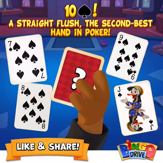 16K views · 1.2K reactions | ♠️ The hand is complete! ♠️ The missing card was 10, making a straight flush. Did you get it right? : https://join.bingodrive.com/BXwM/gift?pk=T-tXZoiSFc Like & Share the fun! | Bingo Drive | Facebook