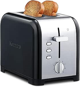 Kenmore 2-Slice Toaster, Black Stainless Steel, Extra Wide Slots, Bagel and Defrost Functions, 9 Browning Levels, Removable Crumb Tray, for Bread, Toast, English Muffin, Toaster Strudel
