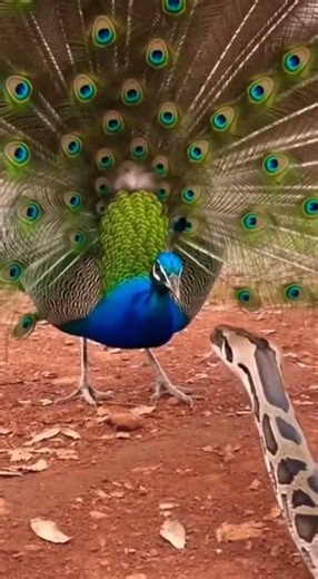 A python approaches a peacock, which suddenly fans its tail