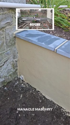 We tore down a failing 8" courtyard garden wall and rebuilt it the right way — rebar reinforced, fully concrete-filled, capped with thermo bluestone, and finished with a fresh scratch and parge coat. Built to last, not to crumble.  (443) 337-4725 | Manacle Masonry | Facebook