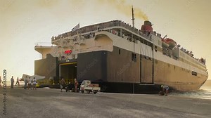 Ferry boat passenger ship loading people and vehicles for a trip. Stock Video