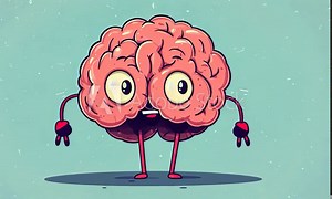 2D cartoon style illustration of a brain character with half of its head missing showcasing a whimsical design
