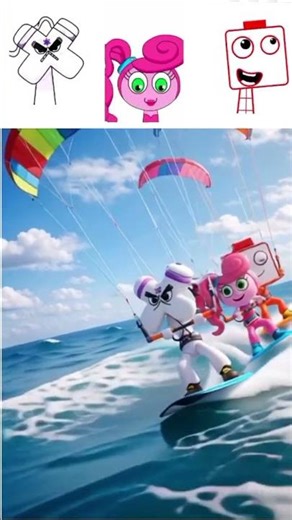 Three colorful friends kitesurfing together across sparkling ocean waves under sunny skies