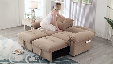 LLappuil 77" Pull Out Sofa Bed Queen Size, Loveseat Sofa Convertible Sleeper Sofa Bed, Flannelette Fabric Sofa Couch for Living Room Beige