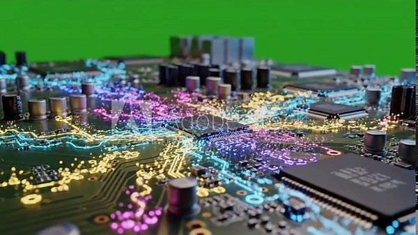 Digital circuit board waveforms evolving into organic forms with circuit board patterns animating on effect green screen data streams vídeo de Stock