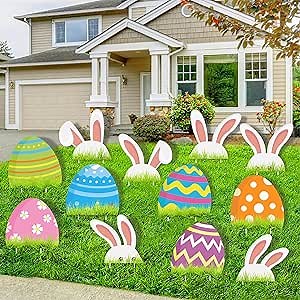 12 PCS Easter Yard Sign Decorations Outdoor, Easter Bunny Eggs Yard Signs with Stakes, Waterproof Easter Yard Lawn Decorations, Easter Party Supplies, Easter Props