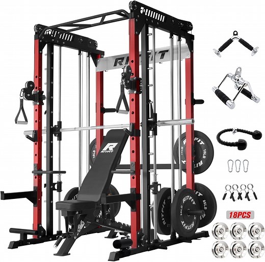 RitFit M1 Pro Smith Machine with Cable Crossover System, Multi-Function Squat Rack Power Cage for Home Gym, Power Rack and Packages with Weight Bench and Plates Set（Red, BP 170 Package）