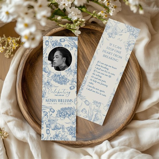 Blue Floral Funeral Bookmark Template, Editable Canva Printable 2x6 & 2.5x7 Botanical Memorial Keepsake - Etsy