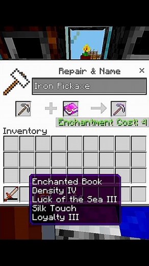 enchanting my iron pickaxe with silk touch #minecraft