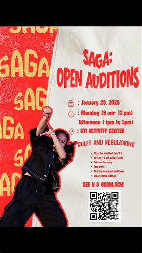 🚨 THIS IS NOT A DRILL: IT’S SHOWTIME! 🚨 ​The wait is officially OVER. Today is the day the legacy grows! SAGA Dance Company auditions are happening RIGHT NOW at the Activity Area! 💃🔥 ​Missed the sign-up? Don't sweat it—WALK-INS ARE 100% WELCOME! Grab your gear, grab your ID, and get down here! ​🕒 WHEN TO DROP BY: ​We are live from 9:00 AM to 5:00 PM TODAY! 📍 WHERE TO BE: Activity Area, STI College Caloocan. ​✅ QUICK REMINDERS: ​Soloists & Duos only! ​Bring your School ID & RAF. ​Have your 