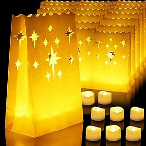 Homemory Luminary Bags with Flameless LED Tealights, 24 Bags, Warm White Lights, Electric Tea Candles for Wedding, Party, Christmas, 150+ Hours