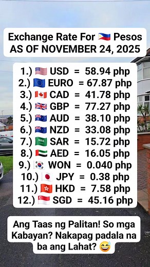 Exchange Rate for Philippine Peso as of November 24, 2025 . Kabayan nakapag padala na ba ang lahat? #everyonehighlightsfollowers #highlightseveryone #everyoneシ゚ #followerseveryone #everyonefollowers #everyone #highlights2025 #reelsvideoシ #highlightseveryonefollowers #ofwlifereels #OFW #ofwlife #ofwreels #OFWHONGKONG #OFWSAUDI #OFWSINGAPORE #OFWCANADA #OFWAUSTRALIA #OFWNEWZEALAND #OFWUSA #ofwuae #OFWUK | Philip Esp