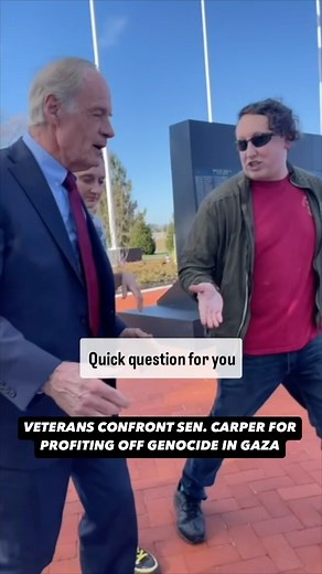 About Face on Instagram: "Senator Tom Carper laughs in Marine Corps Combat Veteran’s face when confronted about profiting from weapons to Israel. Sen. Carper’s household owns up to $130,000 in Raytheon, Honeywell, L3Harris, and Boeing stock, whose prices continue to soar as Israel’s U.S. supplied genocide in Gaza enters 14 month with no end in sight. This month Senators will vote on Joint Resolutions of Disapprovals that could block $20 billion in additional weapons sales to Israel. TAKE ACTION: