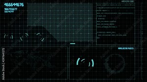 HUD Futuristic 4K UI Interface. Monochromatic visual display: aerial recon, graphs, readouts, indicators . Switching indicators and statuses showing work of command center, processing big data.