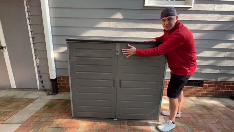 Outdoor Trash Can Storage Shed 4.6 x 4.1 FT, 304 Gallon Resin Shed with Lockable Doors & Lift Lid, Waterproof Outdoor Storage for Garden Tools, Cushions and Patio Equipment (Gary)