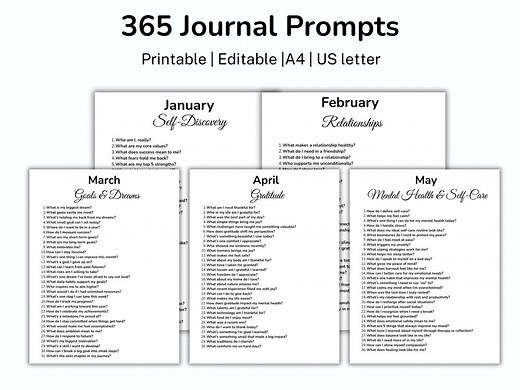 365 Journal Prompts, Self-discovery and Mindfulness, Reflection and Wellness Prompts, Mental Health, Gratitude, Journal, Printable - Etsy