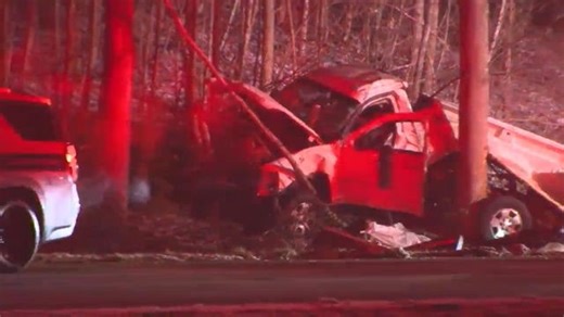 Truck wrapped around a tree after wreck on US-64
