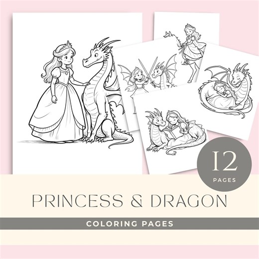 Princess and Dragon Coloring Pages, 12 Fantasy Printable Sheets (digital Download) - Etsy