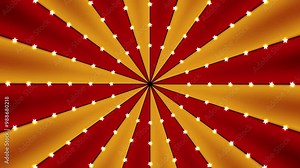 Circus animated rotation looped background of red and gold lines stripe with star constellations light bulbs tinsel. Retro motion graphic sun beam ray. Fun fair burst.