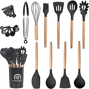 Kitchen Utensil Set, 21 Cooking Utensils Set, Silicone and Wooden Handle Kitchen Utensils with Holder, Non-Stick and Heat Resistant, Kitchen Cooking Utensils Spatula Set, Baking, Frying（Black）