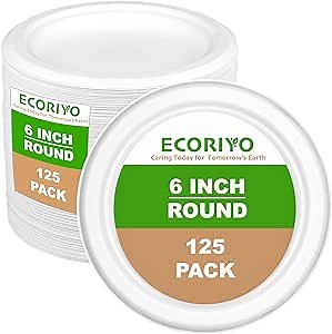 Paper Compostable Plates - 6 Inch Heavy Duty Paper Plates, 125-Pack of Biodegradable Plates from Sugarcane - Disposable Dessert Plates, Thick Paper Plates Bulk