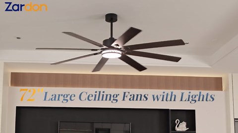 Zardon 72 Inch Farmhouse Ceiling Fan with Light & Remote, 8 Black Blades, Quiet DC Motor, Adjustable for Large Rooms