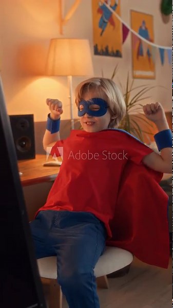 Vertical shot of cute Caucasian tween boy in red and blue superhero costume sitting on chair in front of mirror and showing funny grimaces and poses, playing at home during leisure time