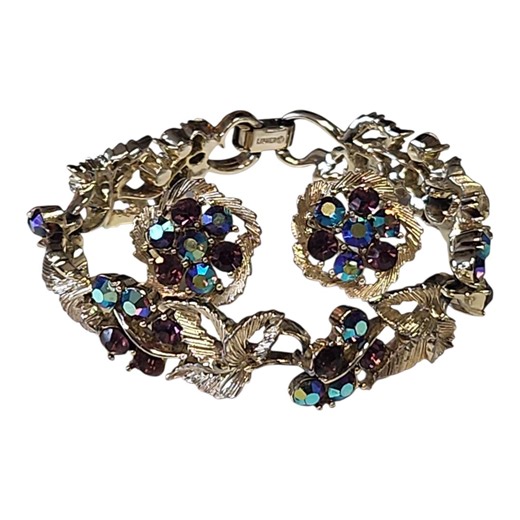 Vintage Lisner Jewelry Set Silver Tone Aurora Borealis Rhinestone | Grape Leaf Bracelet & Screw-back Earrings | Mid Century Collectible - Etsy