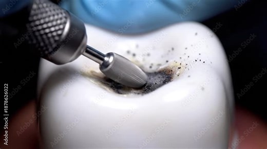 Close-up of a dental drill removing decay from a tooth model, showing the process of cavity preparation.