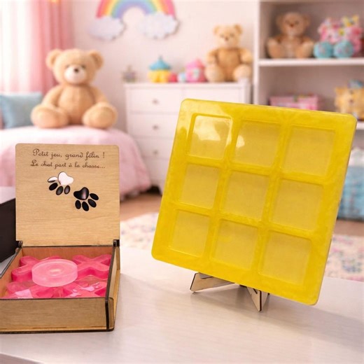 Jeu du morpion et résine et en bois gravé – Petit jeu, grand félin – Jeu artisanal enfant avec boîte – Cadeau original - Etsy France