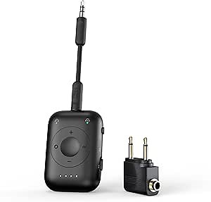 MEE audio Connect Air Pro Bluetooth Wireless Audio Transmitter & Receiver for AirPods or Bluetooth Headphones, 2-in-1 Adapter with Detachable Cable 3.5mm Aux Audio Jack for Airplanes, Auto, Gym, Black