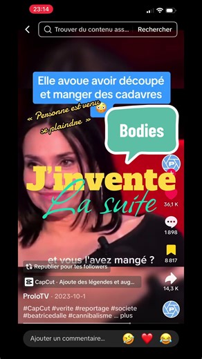 J’ai remixer une histoire que j’ai déjà raconté sur ce compte il y a un an le titre c’est « anthropophage ». Merci à @ProloTV pour l’inspiration et bisous à tous et toutes ! #storytelling #histoire #jinventelasuite #horror