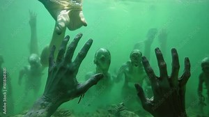 Underwater Zombie Apocalypse: A chilling underwater scene depicting a swarm of zombie-like figures reaching up from the murky depths, creating a suspenseful and eerie atmosphere.