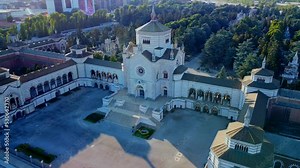 Aerial view of the cemetery with many Cimitero Monumentale monuments. A cemetery known for gravestones in various styles, as well as the tombs of famous artists and architects. Milan, Italy