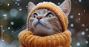 An animated cat in a knitted hat and sweater with a cute expression stands under the falling snow