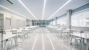 A modern classroom with white tables and chairs arranged neatly in rows, A modern school setting with sleek white furniture and decor