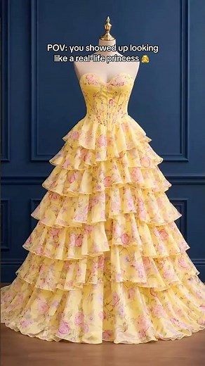 Yellow Floral Tiered Ball Gown With Corset Bodice - Luulla.com 😍 #promdress #formaldress #shorts