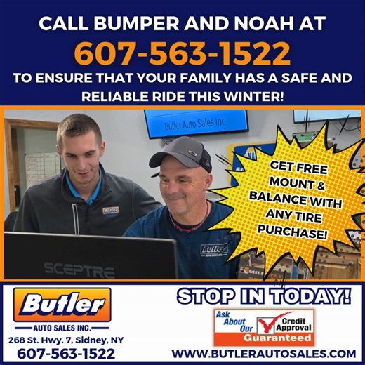 🚗🔧 Trust Your Vehicle to the Butler Auto Sales Service Team! Keeping your car running smoothly is what we do best — and our experienced technicians like Bumper & Noah are here to make sure every job is done right. Whether it’s routine maintenance, diagnostics, or repairs, you can count on us for fast, friendly, and professional service! ✔️ Skilled, certified technicians ✔️ Honest recommendations ✔️ Quality work you can trust 📍 268 St. Hwy. 7, Sidney, NY 📞 607-563-1522 🌐 www.butlerautosales.