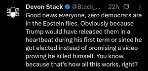 BLACK PILLED Devon Stack @ @Black.... Good news everyone, zero democrats are in the Epstein files. Obviously because Trump would have released them in a heartbeat during his first term or since he got elected instead of promising a video proving he killed himself. You know, because that's how all this works, right? - iFunny