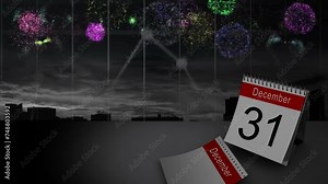 Animation of 31 december calendar page and fireworks in winter scenery