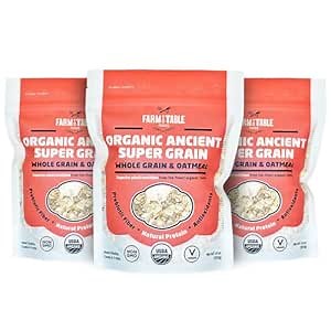 Farm to Table Foods Organic Ancient Super Grain Oatmeal – High-Protein, Plant-Based, Unsweetened, Non-GMO Whole Grains – 3-Pack (14 oz. Bags)