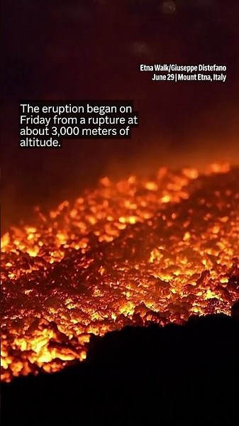 Orange lava streams from Mount Etna, Europe's largest active volcano