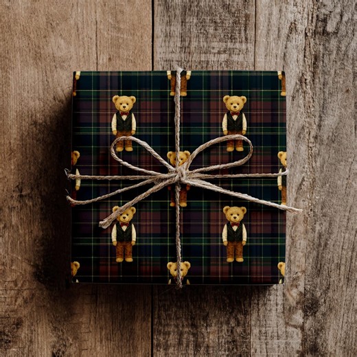 Teddy Bear Tartan Wrapping Paper: Dark Christmas Plaid Gift Wrap, Cozy Heritage Holiday Wrap - Etsy