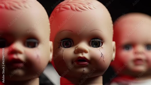 Terrorized Baby Doll with Cracks and Wide Eyes in Dark Scene for Horror Content