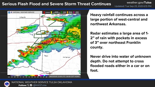 7.1K views · 29 reactions | Thunderstorms with rainfall rates in excess of 2"/hr continue to move east across west-central AR south of I-40 into LeFlore County OK. New storms are developing ahead of a cold front moving through northeast OK and will continue a heavy rain threat through 9 pm. Never attempt to cross a flooded road either in a car or on foot. | US National Weather Service Tulsa Oklahoma | Facebook